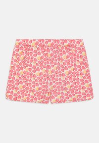 Pantaloni corti per bambini in morbido tessuto con un motivo di cuori rosa e gialli. Vita elastica, due tasche laterali e vestibilità rilassata.