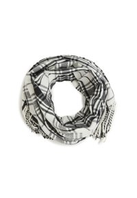 Sciarpa a scacchi in bianco e nero, realizzata in un tessuto morbido, con bordi frangiati. È avvolta in una forma circolare per essere indossata.
