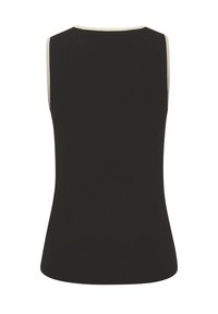Top senza maniche nero con un design aderente, texture morbida e bordino di colore chiaro a contrasto attorno al collo e alle aperture delle maniche.