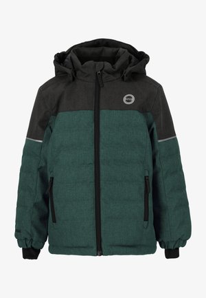 Green and gray puffer jacket with a zippered front, a hood, elastic cuffs, and side pockets; features a textured, quilted surface.