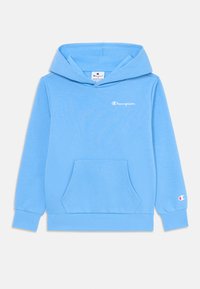 Hoodie bleu clair en tissu doux, doté d'une poche kangourou, de poignets côtelés et d'un petit logo brodé blanc sur la poitrine.