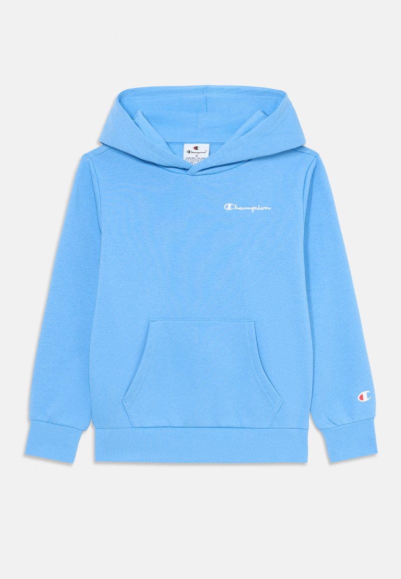 Hoodie bleu clair en tissu doux, doté d'une poche kangourou, de poignets côtelés et d'un petit logo brodé blanc sur la poitrine.
