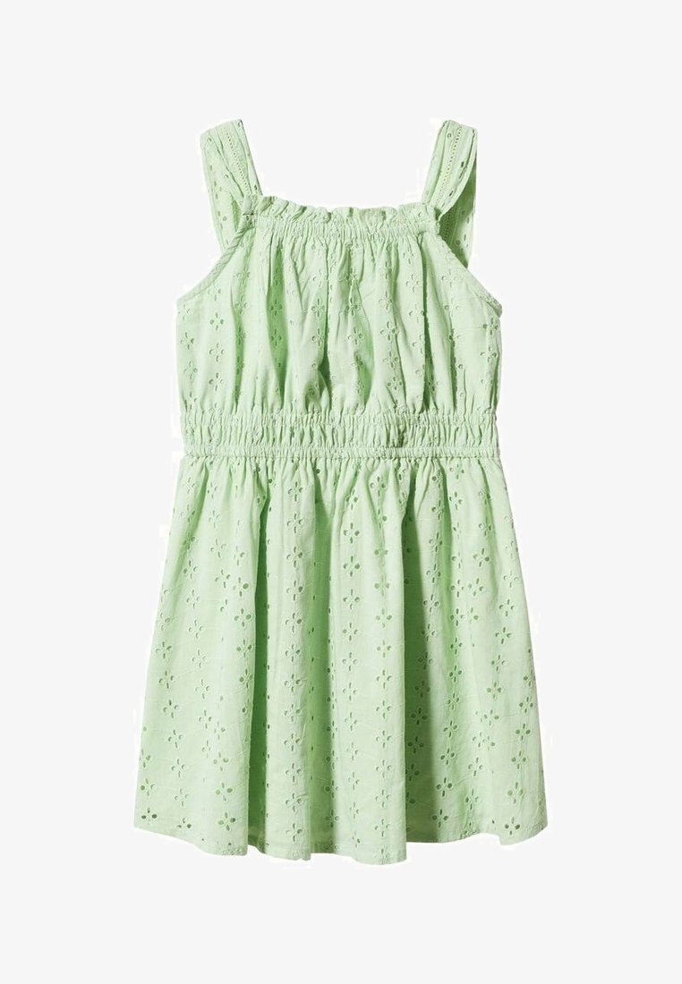 Robe d'été sans manches vert clair avec bretelles, taille élastiquée et motif brodé floral en ajouré.