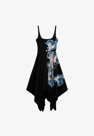 Black dress with a fitted bodice and an asymmetrical, flared hem. Features a floral design in shades of blue and white on one side.
