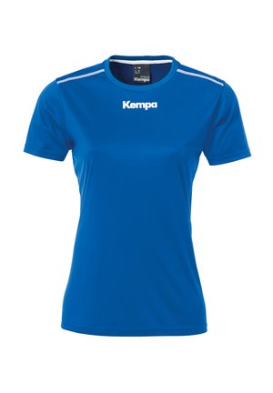 Blauw sportshirt met korte mouwen, ronde halslijn en wit "Kempa" logo op de borst. Glad, lichtgewicht stof.