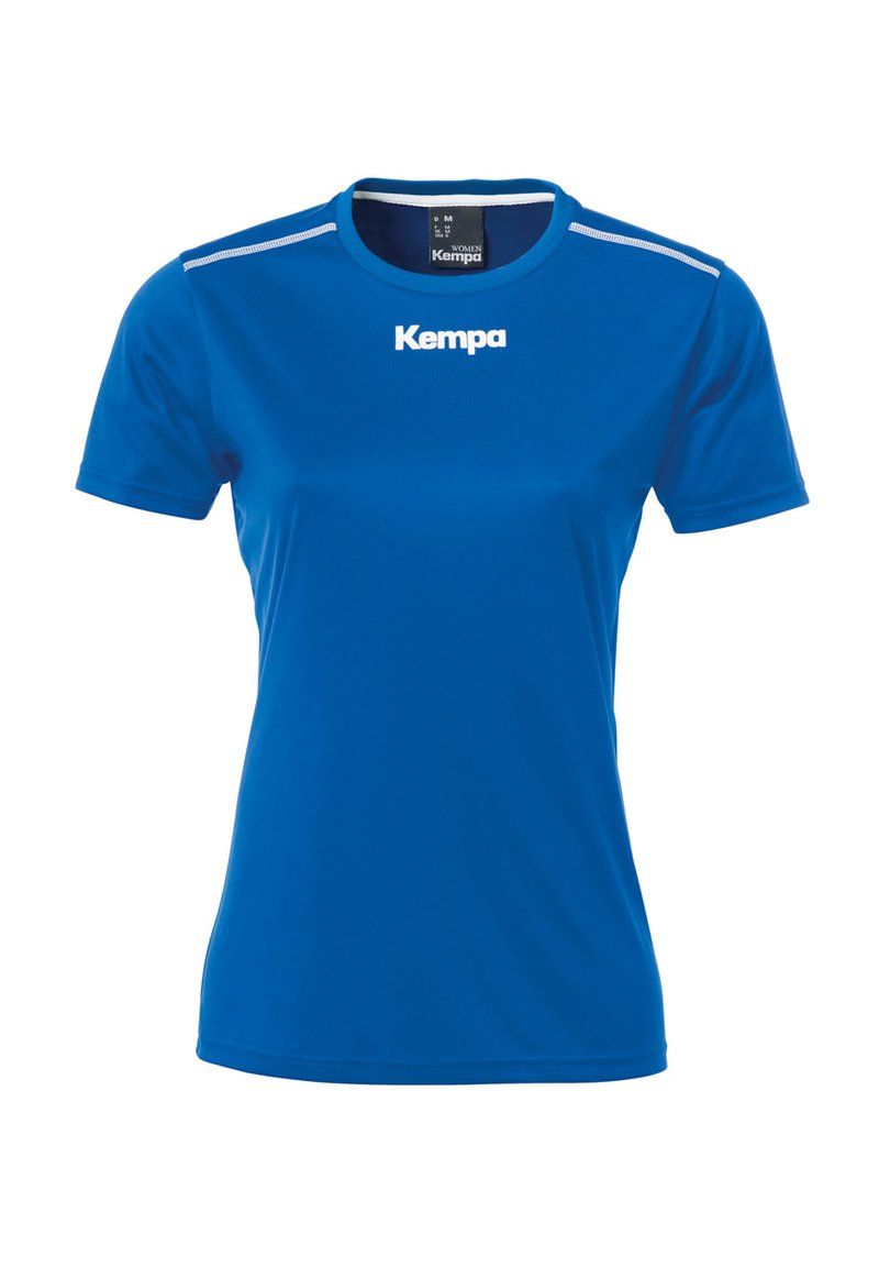 T-shirt de sport bleu à manches courtes, encolure ronde, avec le logo "Kempa" blanc sur la poitrine. Tissu léger et lisse.