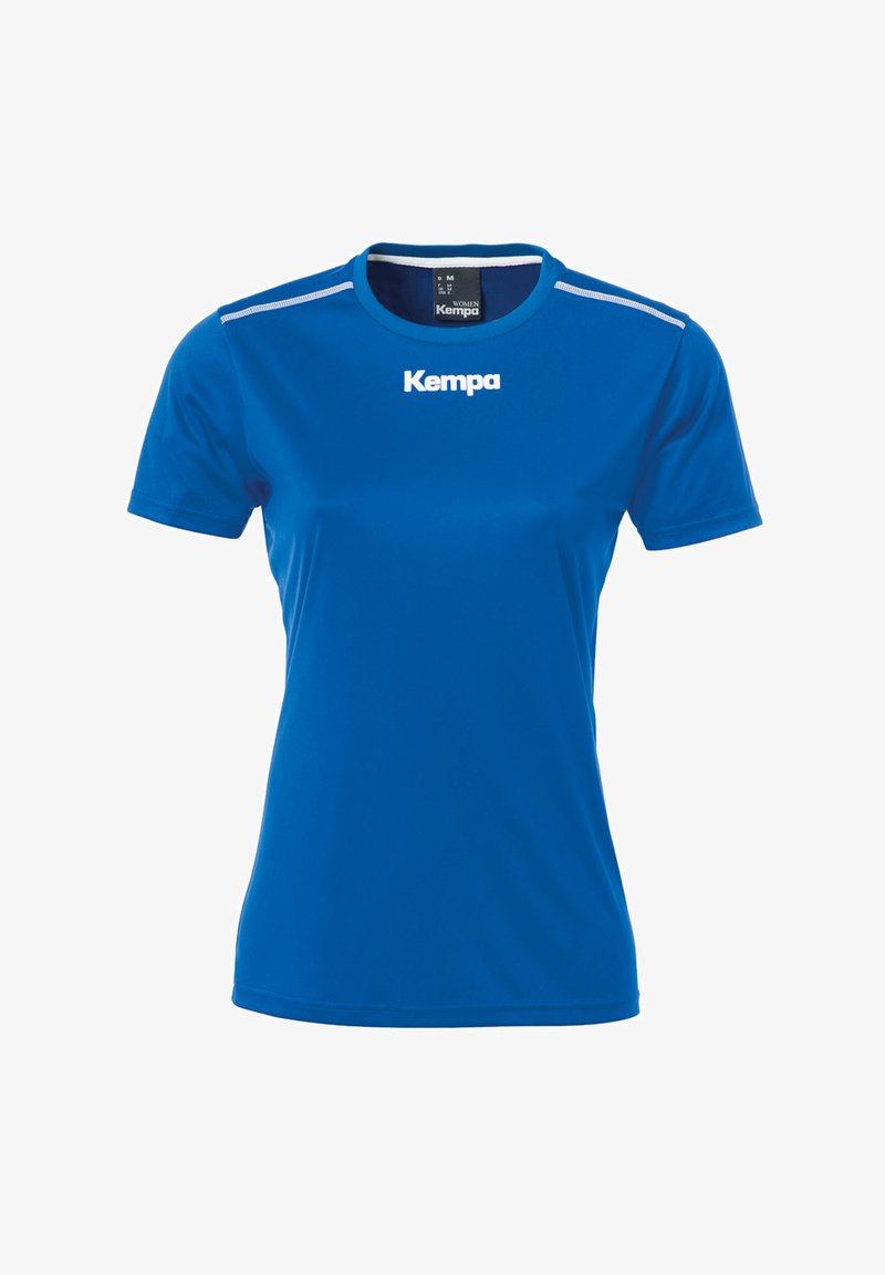 T-shirt de sport bleu à manches courtes, encolure ronde, avec le logo "Kempa" blanc sur la poitrine. Tissu léger et lisse.