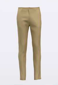 Beige Hosen mit schmaler Passform aus glattem Stoff. Sie verfügen über einen vorderen Knopfverschluss, Gürtelschlaufen und keine sichtbaren Muster oder Akzente.