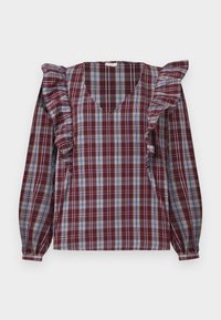 Maroon en blauwe geblokte blouse met ruches aan de mouwen, V-hals en lange ballonnenmouwen. Lichtgewicht stof met een geruit patroon.