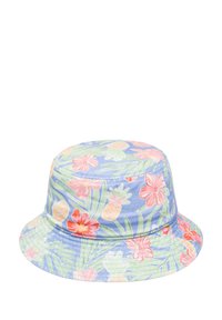 Sombrero tipo bucket de algodón con fondo azul claro. Presenta un vibrante patrón floral y de piñas en tonos rosa, verde y amarillo.