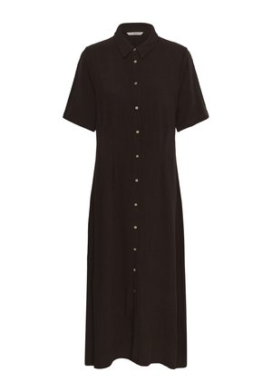 Schwarzes Midikleid mit kurzen Ärmeln, Kragen und durchgehender Knopfleiste aus leichtem Stoff.