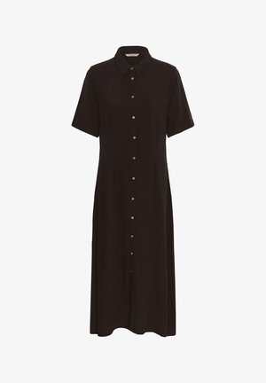 Schwarzes Midikleid mit kurzen Ärmeln, Kragen und durchgehender Knopfleiste aus leichtem Stoff.