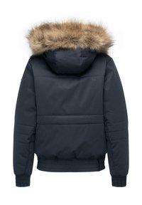 Ciemnoniebieska, ocieplana kurtka zimowa z elastycznymi mankietami, ściągaczem w pasie i kapturem wykończonym brązowym sztucznym futrem, przedstawiona z tyłu.
