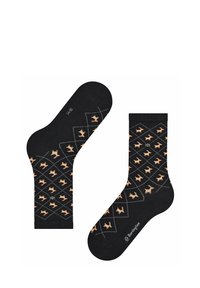 Calze nere con un motivo a rombi e piccole silhouette di cani arancioni chiari. Realizzate in materiale tessile, con una texture morbida e design alla caviglia.