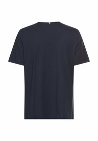 Marineblå bomulds T-shirt med klassisk rund halsudskæring, korte ærmer og en ensfarvet rygdesign, med et subtilt logo ved halsudskæringen.