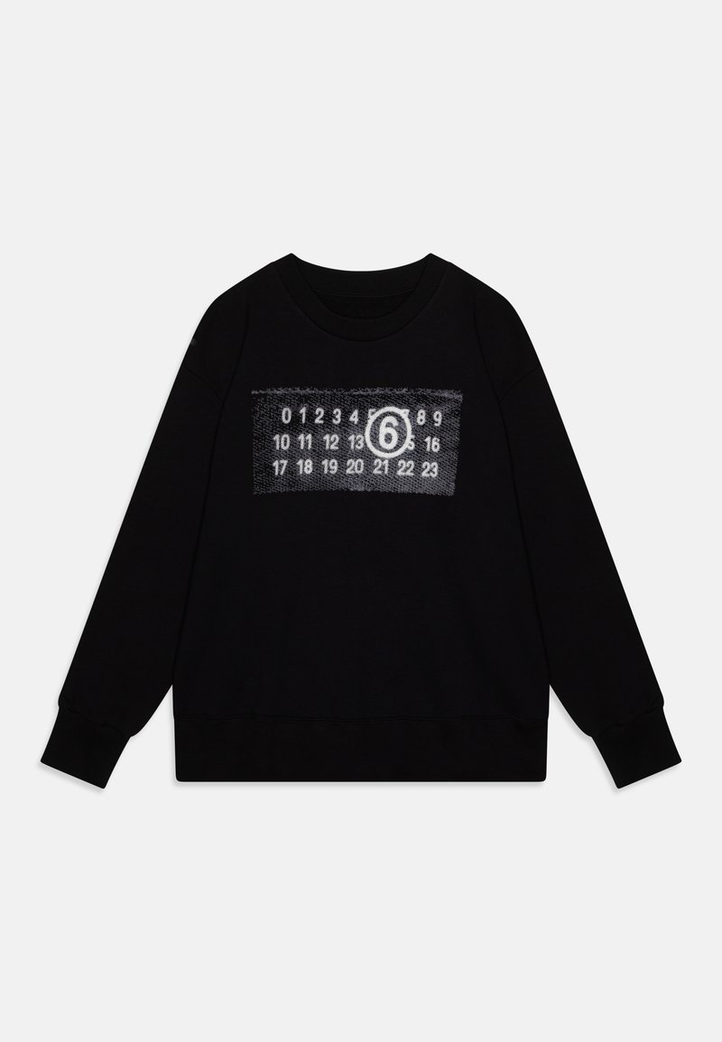 Black sweatshirt featuring a textured front graphic with white numbers and a prominent "6" in the center. Crew neck and long sleeves.