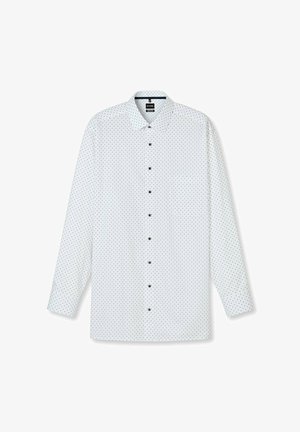 Langärmliges Hemd aus weißem Stoff mit Muster aus kleinen schwarzen Punkten, ausgestattet mit Kragen, Knopfleiste und einer einzelnen Brusttasche.