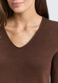 Brauner V-Ausschnitt-Pullover aus weichem Strickstoff. Verfügt über ein tailliertes Design und eine gerippte Textur am Kragen und am Körper.