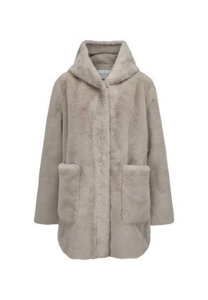 Light beige faux fur hooded coat with long sleeves and two front patch pockets, displayed on a white background.