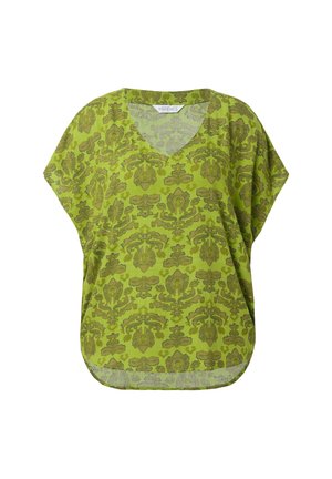 Grøn tunika med V-hals, korte ærmer og et blomsterdamask mønster i mørkere grønne nuancer. Blødt stof med afslappet pasform og buet kant.