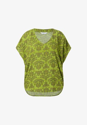 Grøn tunika med V-hals, korte ærmer og et blomsterdamask mønster i mørkere grønne nuancer. Blødt stof med afslappet pasform og buet kant.