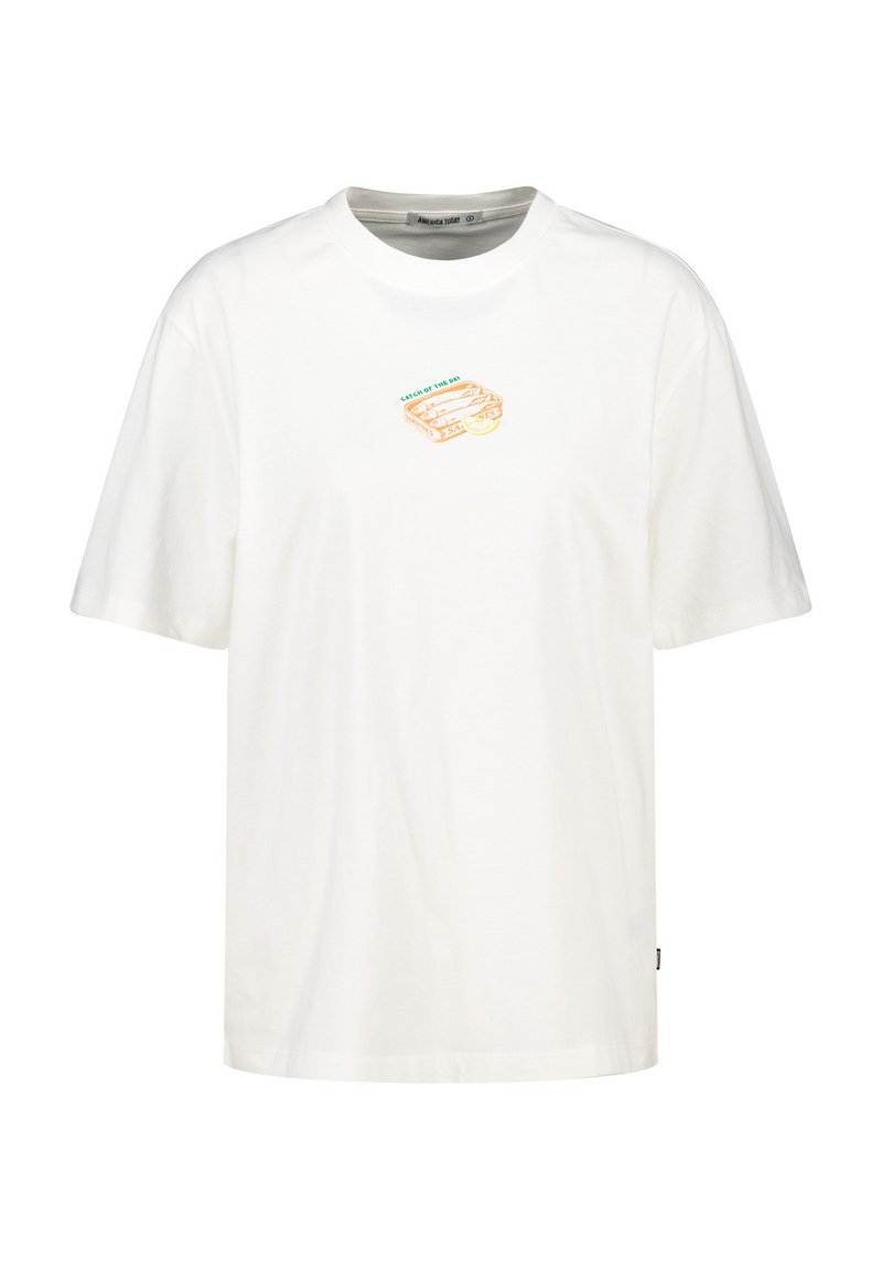 White cotton t-shirt with a relaxed fit, featuring a small graphic design in yellow and green on the chest, depicting a fishbowl.