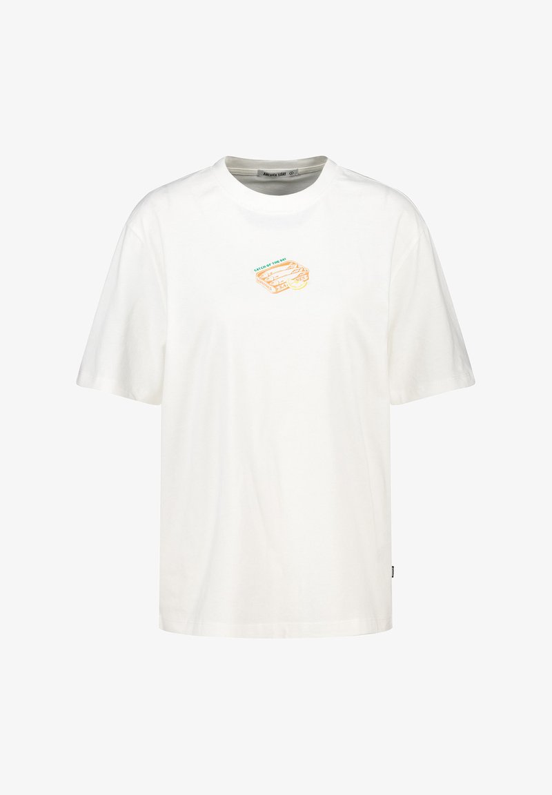 White cotton t-shirt with a relaxed fit, featuring a small graphic design in yellow and green on the chest, depicting a fishbowl.