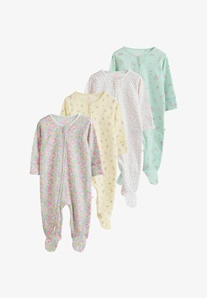Četiri dječja kombinezona s nogavicama u pastelnim cvjetnim uzorcima, složena preklopljeno, s dugim rukavima i prednjim zatvaračima.