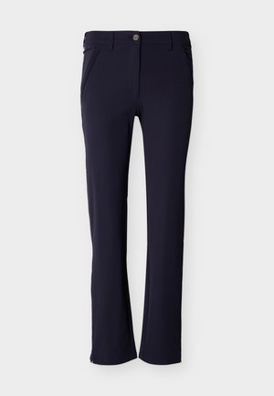 Granatowe spodnie o prostych nogawkach z szlufkami na pasek, przednim guzikiem, zamkiem błyskawicznym i bocznymi kieszeniami.