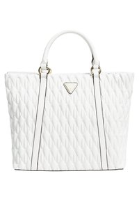 Sac fourre-tout matelassé blanc avec une forme structurée, doté de deux poignées supérieures et d'une bandoulière amovible. Détail de logo en métal doré.