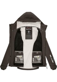 Brown waterproof jacket with a hood, featuring a soft white lining and multiple interior pockets for storage, detailed with labels and logos.