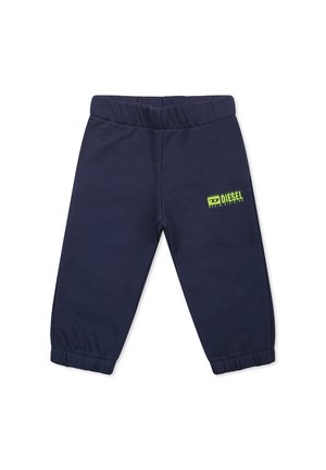 Pantalones de chándal azul marino en mezcla de algodón con cintura elástica, bajos con puño y un logo de Diesel en verde contrastante en el lado izquierdo.