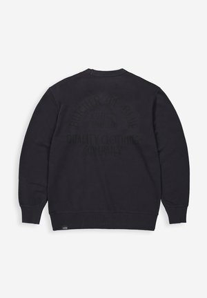 Donker marineblauwe sweatshirt met ronde hals, ribgebreide manchetten en zoom. Tekst op de achterkant bevat de merknaam en grafische details in een bijpassende kleur. Zachte textuur.