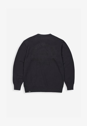 Dunkelblaues Sweatshirt mit Rundhals, gerippten Bündchen und Saum. Text auf dem Rücken zeigt den Markennamen und grafische Details in passender Farbe. Weicher Stoff.