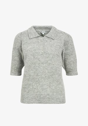 Pull polo à manches courtes gris clair, en maille texturée, avec un col pointu et une rangée de boutons à l'avant.