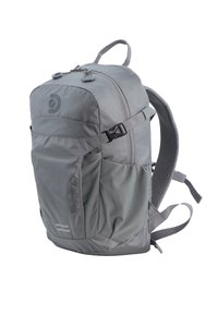 Gray backpack with a textured finish, featuring a top handle, padded shoulder straps, and multiple exterior pockets for storage.