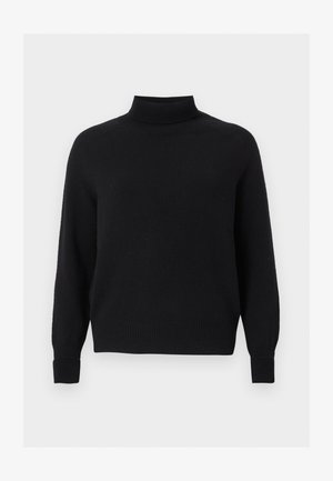 Maglione nero a maniche lunghe in maglia con collo alto a costine, polsini e orlo, mostrato su uno sfondo grigio chiaro uniforme.