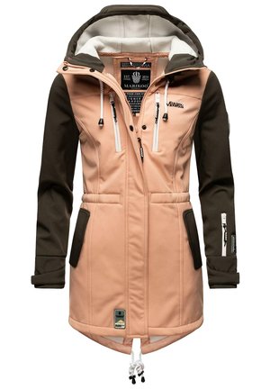 Softshell jacket in light peach and dark green. Features a zipper front, two side pockets, and adjustable drawstring at the hem.