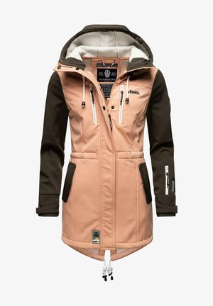 Softshell-jakke i lys fersken og mørkegrøn. Har en lynlås foran, to sidelommer og justerbar snor i kanten.