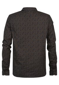 Camicia a maniche lunghe di colore blu scuro con un motivo geometrico in marrone chiaro. Presenta un colletto classico e polsini abbottonati. Tessuto strutturato.