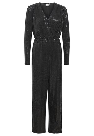 Svart paljett jumpsuit med långa ärmar, djup V-ringning, åtsittande midja och vida ben. Slät textur med glansigt avslut.