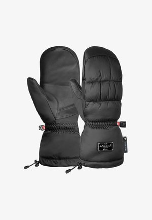 Zwarte geïsoleerde wanten met een leren palm, een gewatteerde bovenkant, elastische pols en een verstelbare cinch om de warmte te behouden. Merklabel aan de achterkant.