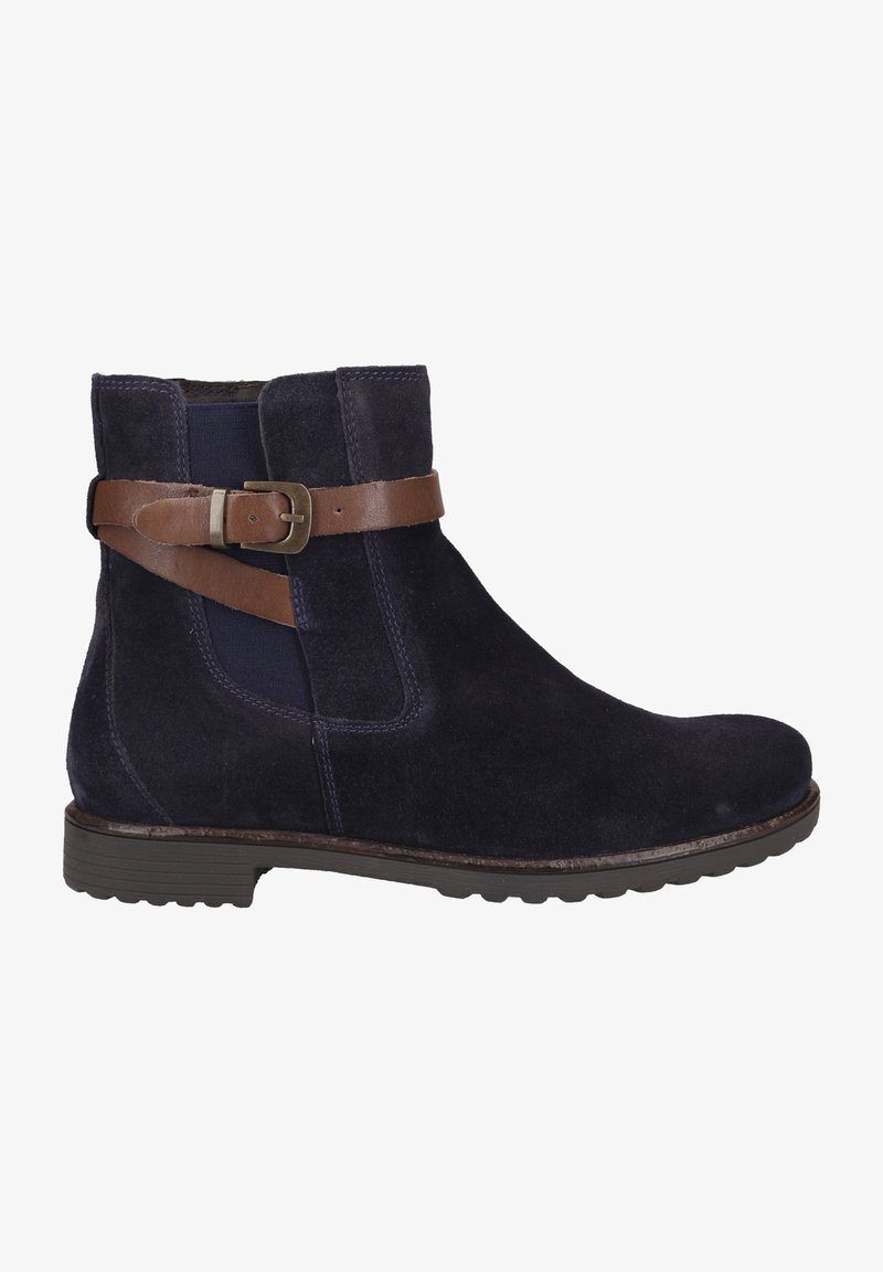 Dunkelblaue Wildleder-Ankle Boots mit einem braunen Lederband und einer Schnallenverzierung, ausgestattet mit elastischen Seitenpaneelen und einer strukturierten Gummisohle.