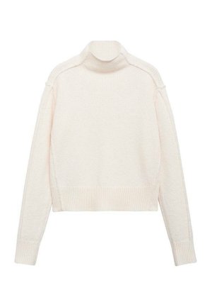 Light pink, cropped turtleneck sweater with ribbed cuffs and hem. Soft knit texture and dropped shoulder design with minimal detailing.
