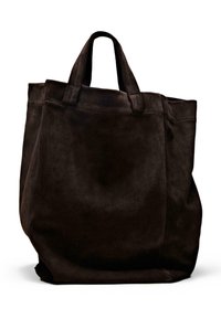 Brun ruskind tote taske med to håndtag, rummelig krop, minimale syninger og blød tekstur. Ingen synlig hardware eller accenter.