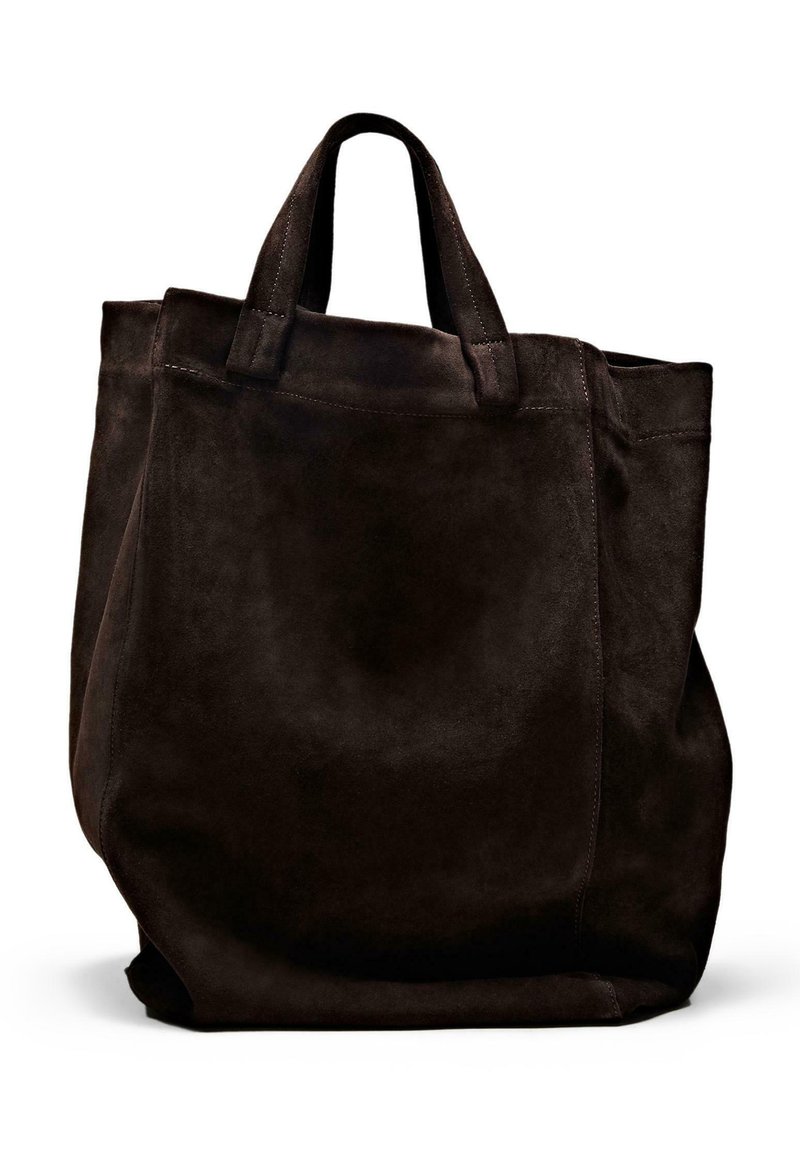 Brun ruskind tote taske med to håndtag, rummelig krop, minimale syninger og blød tekstur. Ingen synlig hardware eller accenter.