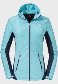 Hellblaue Kapuzensweatjacke aus strukturiertem Stoff, mit dunkelblauen Seitenteilen und zwei Reißverschluss-Taschen. Verfügt über eine Kapuze und einen Frontreißverschluss.