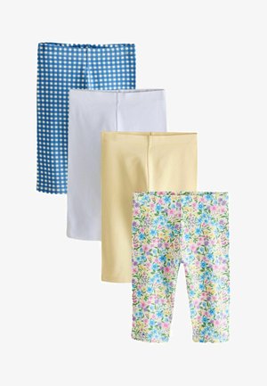 Quattro paia di leggings per bambini in fantasia quadrettata blu, bianca, gialla unita e floreale, disposti sovrapposti verticalmente.