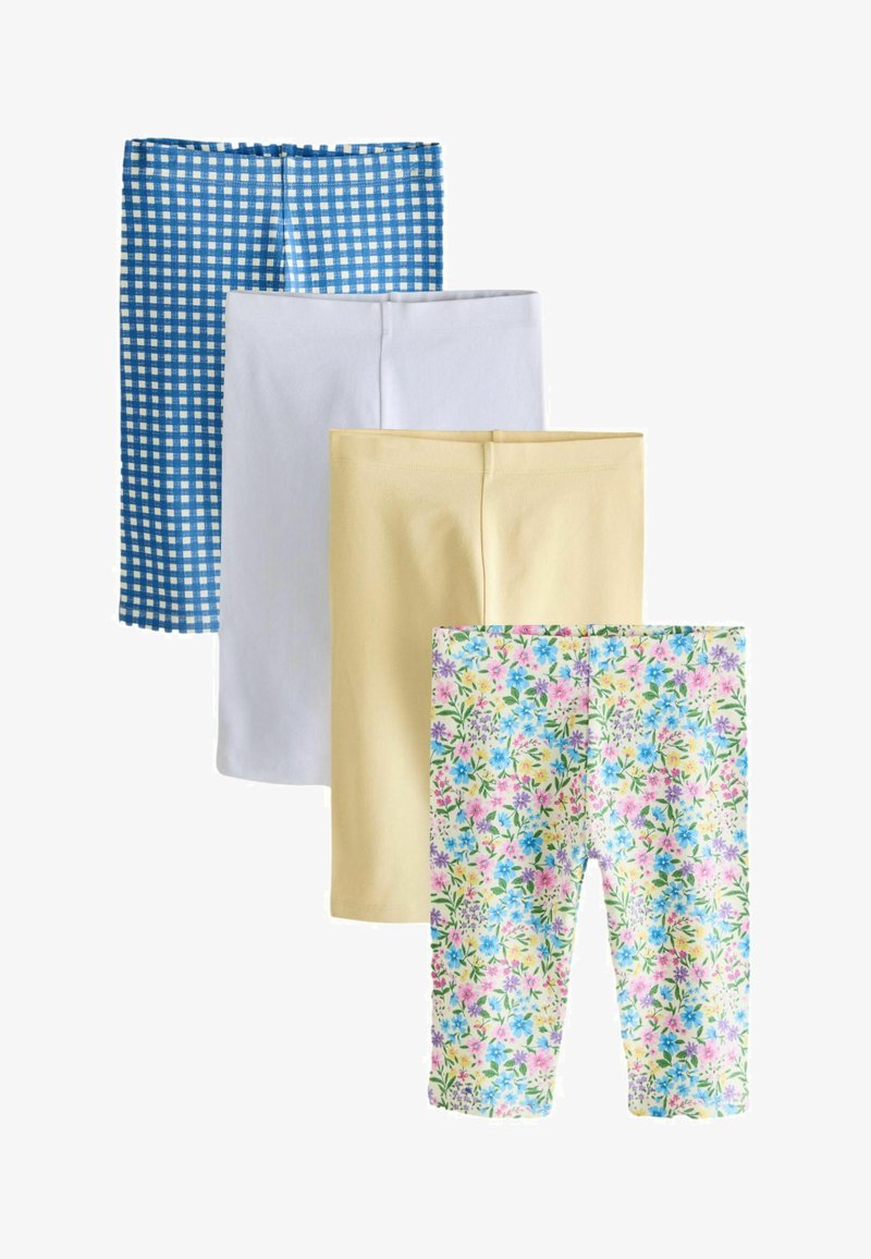 Quatre paires de leggings pour enfants en motifs à carreaux bleus, blanc, jaune uni et floral, disposées en chevauchement vertical.