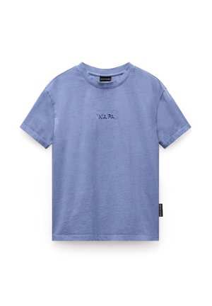 Blaues kurzärmliges T-Shirt aus Baumwolle mit einem strukturierten gestickten "NAPA"-Logo auf der Vorderseite und einem gewebten Etikett an der Seite.